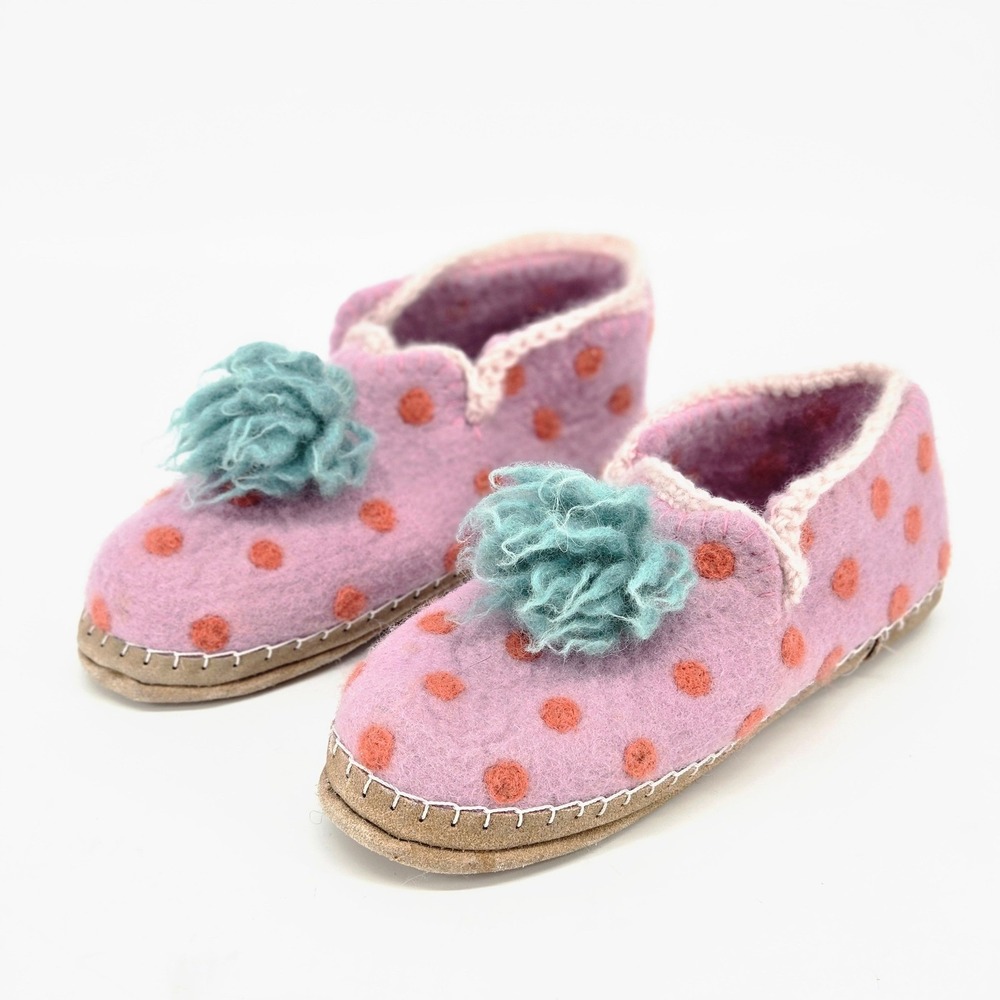 French Knot Felted Wool Slippers Pink Polka Dot Suede Sole Pom Pom Handmade L
